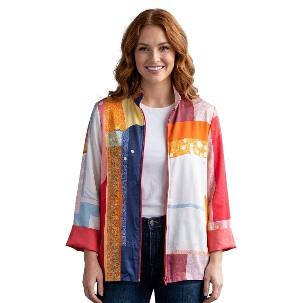 Flores & Flores Silk Jacket Womens L Patchwork Zip Maximalist Eclectic Colorful